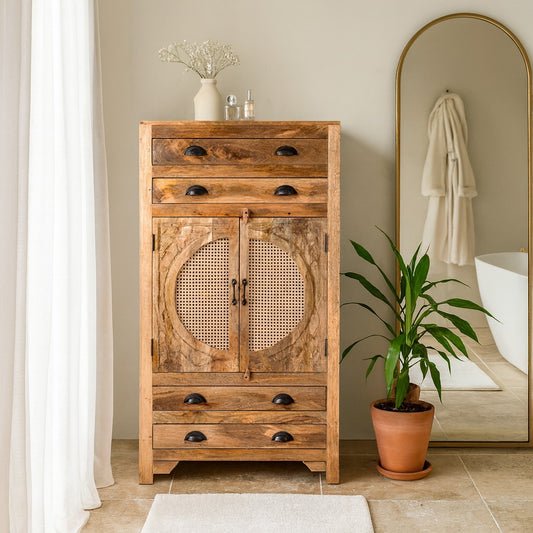 Wooden cabinet with decorative elements in a room setting