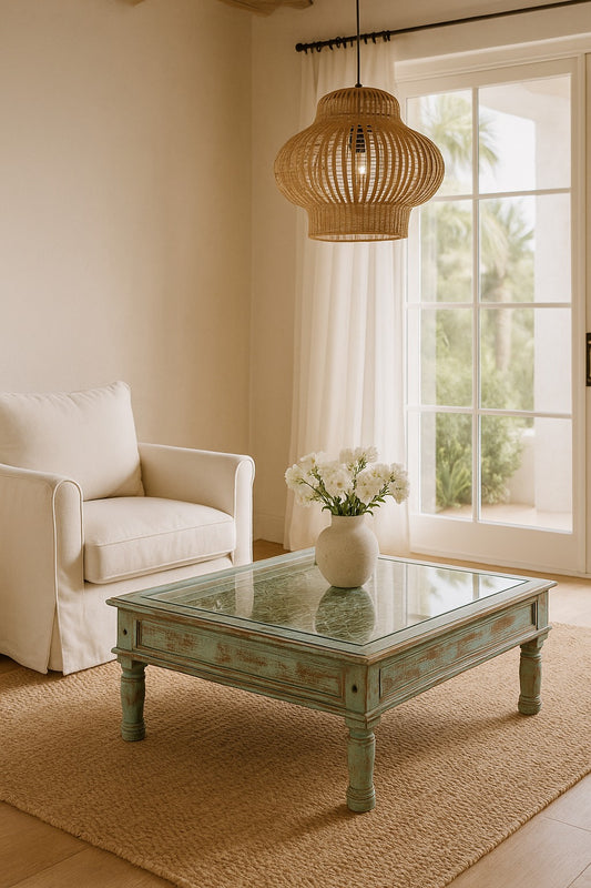 Living room with a glass coffee table, white sofa, and decorative lamp.