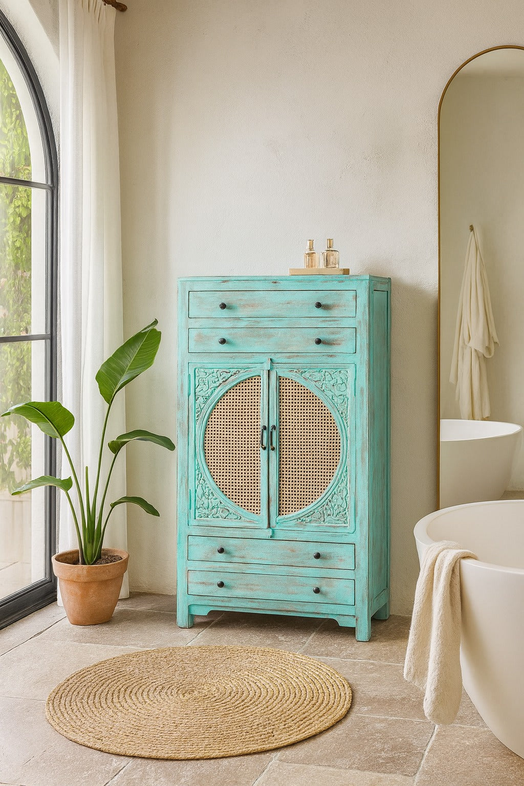 Turquoise cabinet in a bathroom with a plant and round mirror