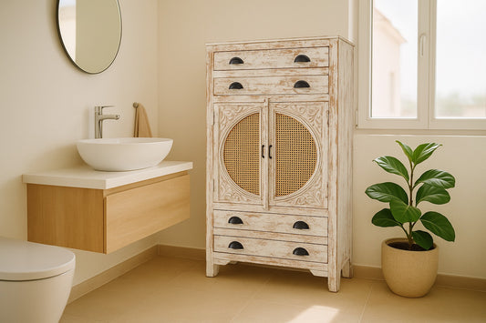 Bathroom with wooden vanity, white sink, and decorative cabinet.