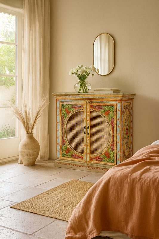 Decorative cabinet with floral arrangement in a room with a window and bed.