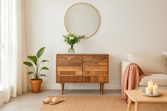 Wooden cabinet in a living room with a mirror, plant, and candles.
