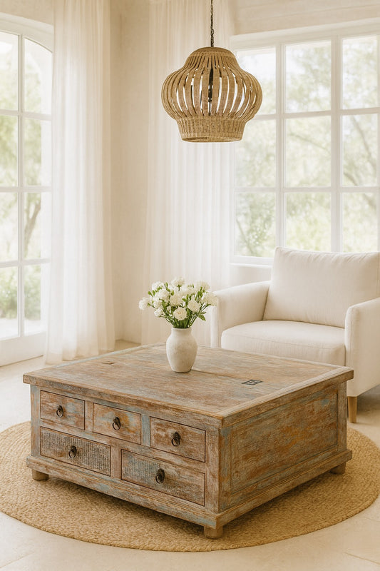 Wooden coffee table with a vase of flowers in a living room with a white sofa and large windows.