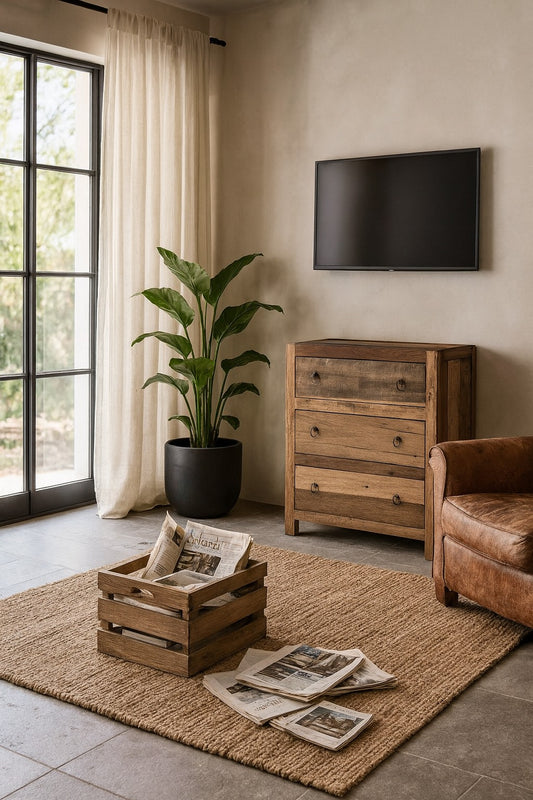 Living room with wooden furniture, TV, and plants