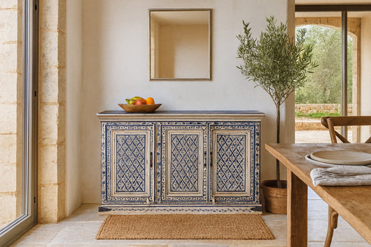 Decorative sideboard with a bowl of fruit in a room with a wooden table and a plant.